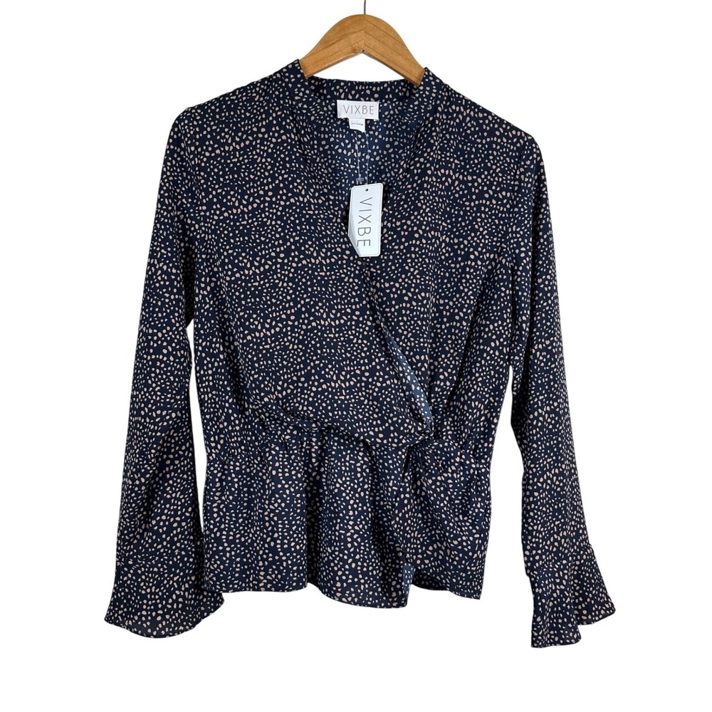 Vixbe Navy Tan Abstract Dot Surplice Wrap Top Long Bell Sleeve Small NW
